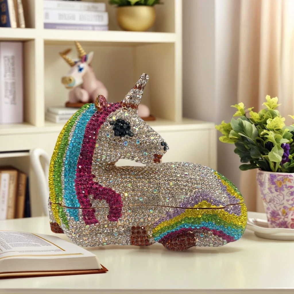 

Cute Unicorn Shape Rhinestone Evening Bag for Women Unique Animal Crystal Clutch Purse Full Diamond Handbag for Prom Party