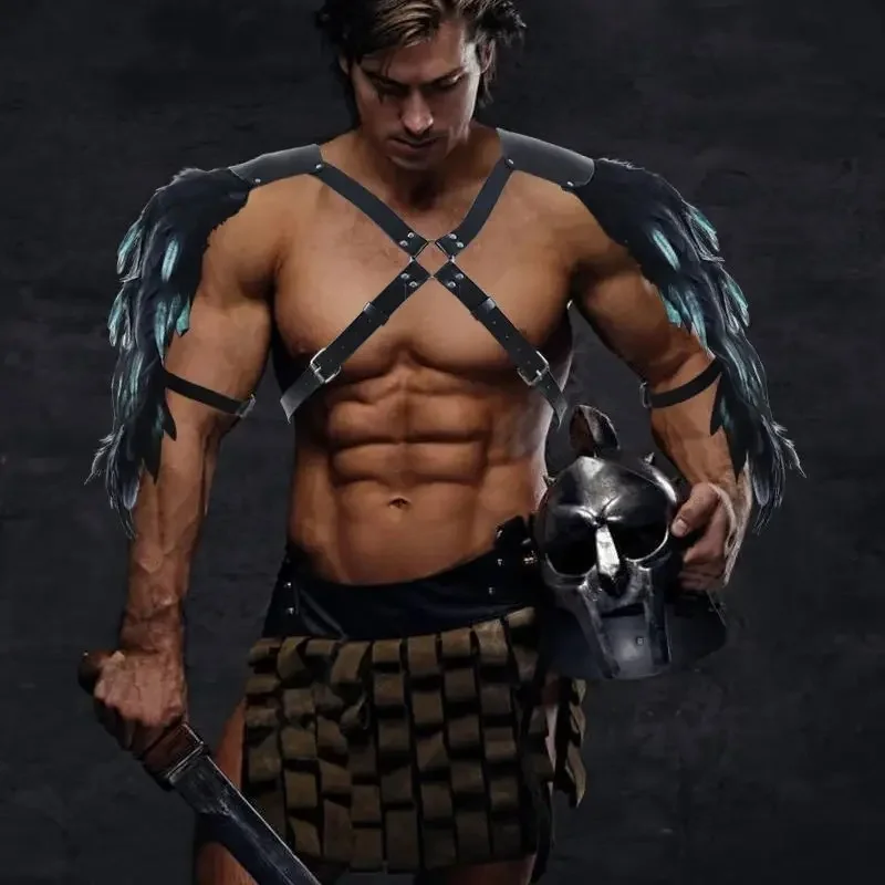 Châle de plumes gothique pour hommes, conception de bouclier initiée, poitrine et sangle arrière Viking, jeu de plis d'Halloween, spectacle de danse de fête, mode