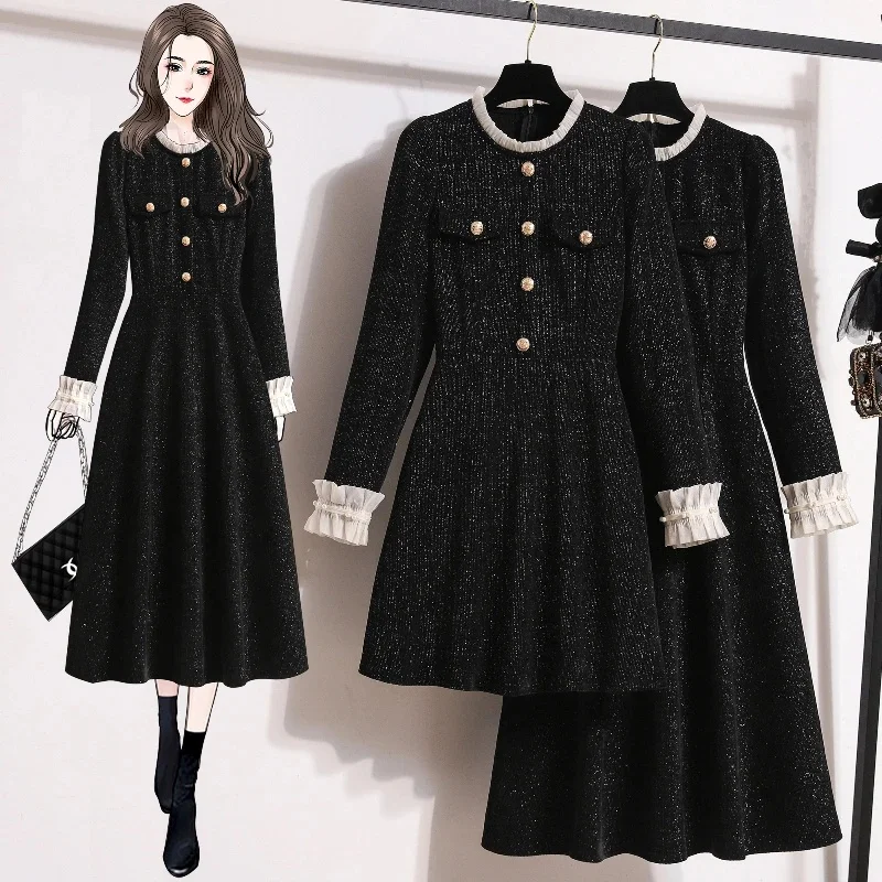 Plus Size Sukienki Damskie na 2025 Jesień Zima Kwiatowy Wzór Patchwork Lady Vestidos Czarna Sukienka Luźna Kobieca Szata KE765 — zdjęcie 2
