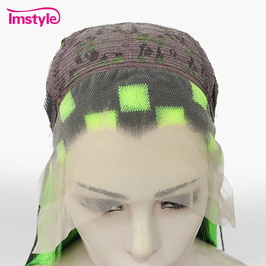 Imstyle 44 ''parrucca Super lunga parrucca anteriore in pizzo sintetico parrucca nera mista verde fluorescente capelli lisci parrucche in fibra resistente al calore