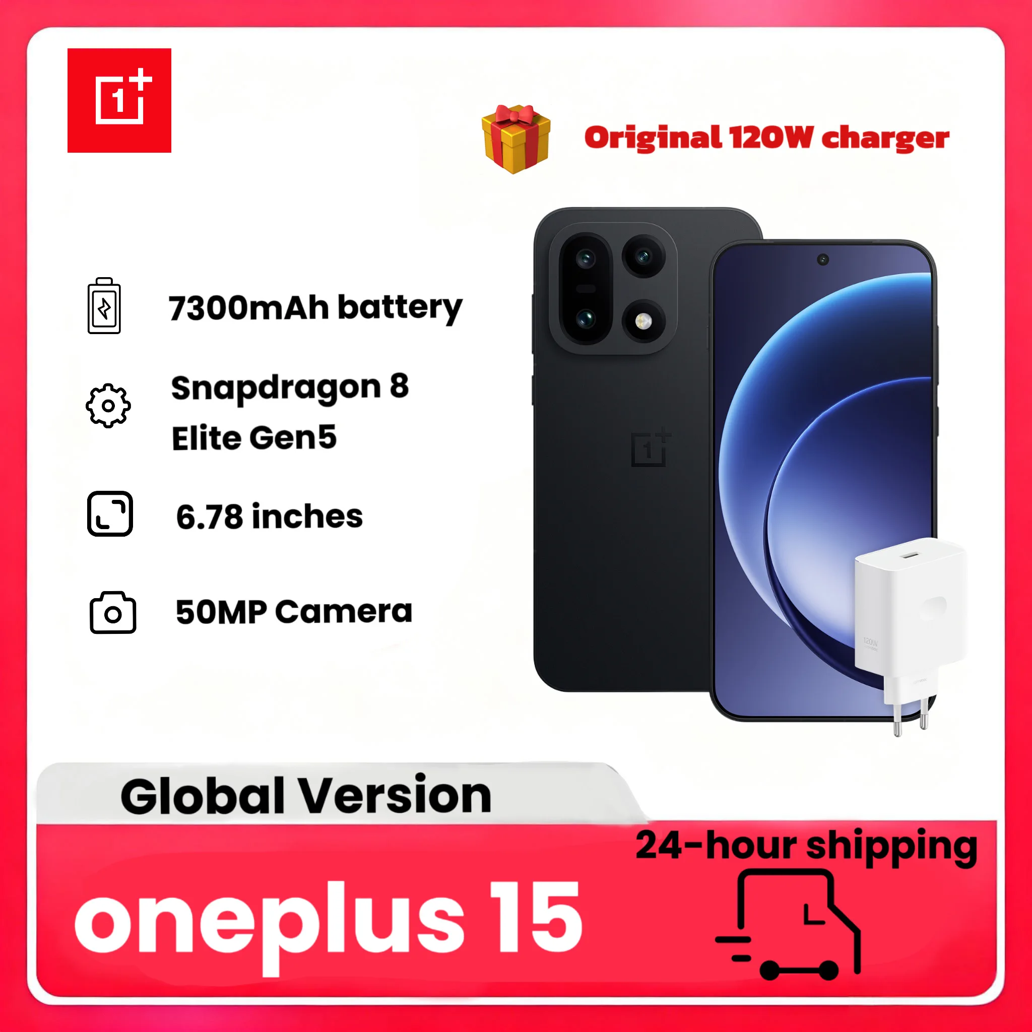 Smartphone OnePlus 15 AI 5G, Snapdragon 8 Elite Gen5, batería de 7300 mAh, video 4K 120 FPS Dolby Vision, IP68, con cargador de 120 W 5