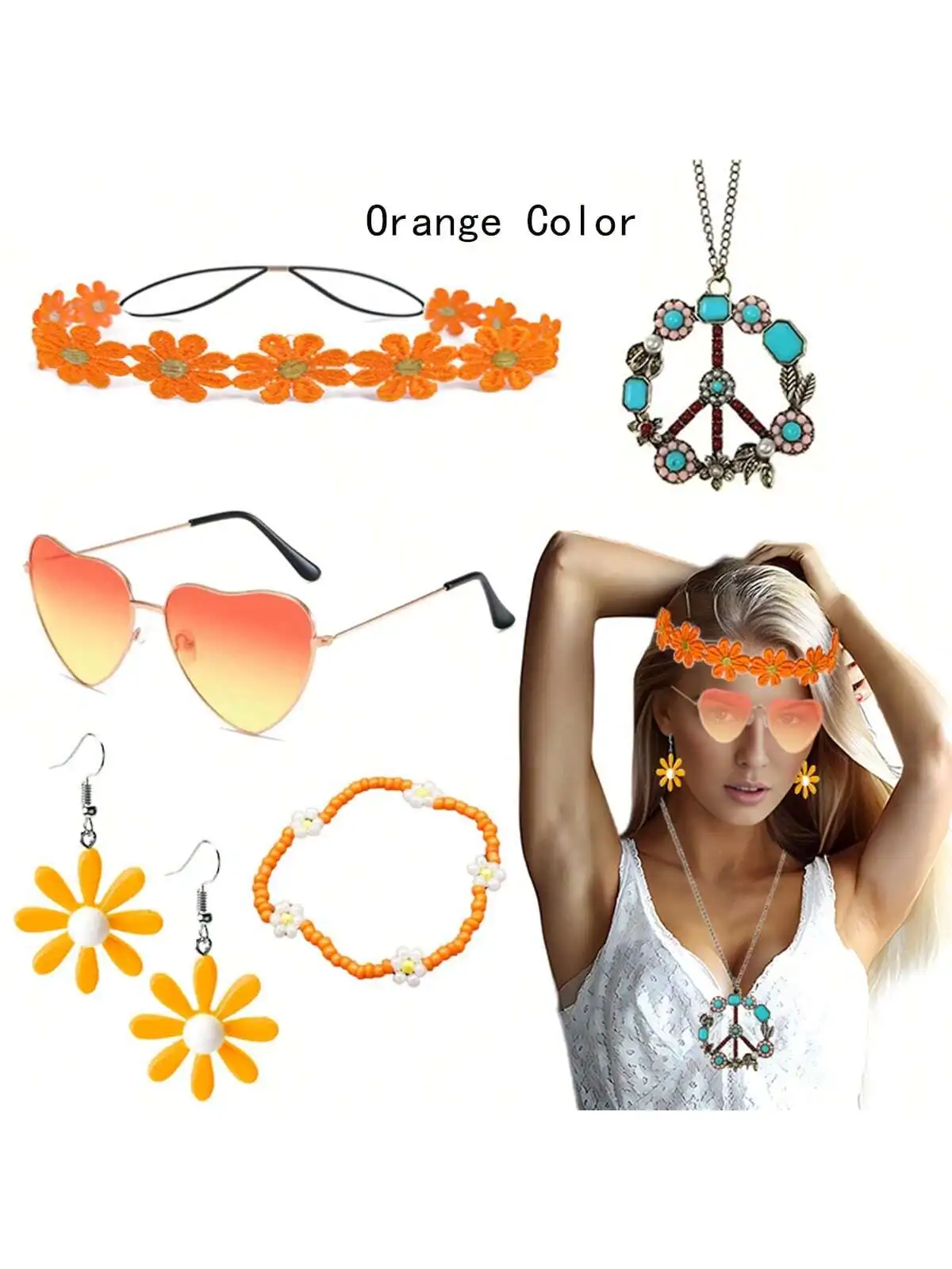 6 Pieces Hippie Accessory Set includes Peace Sign Bead Necklace, Flower Crown Headband, Hippie Sunglasses Party Costume for Wome