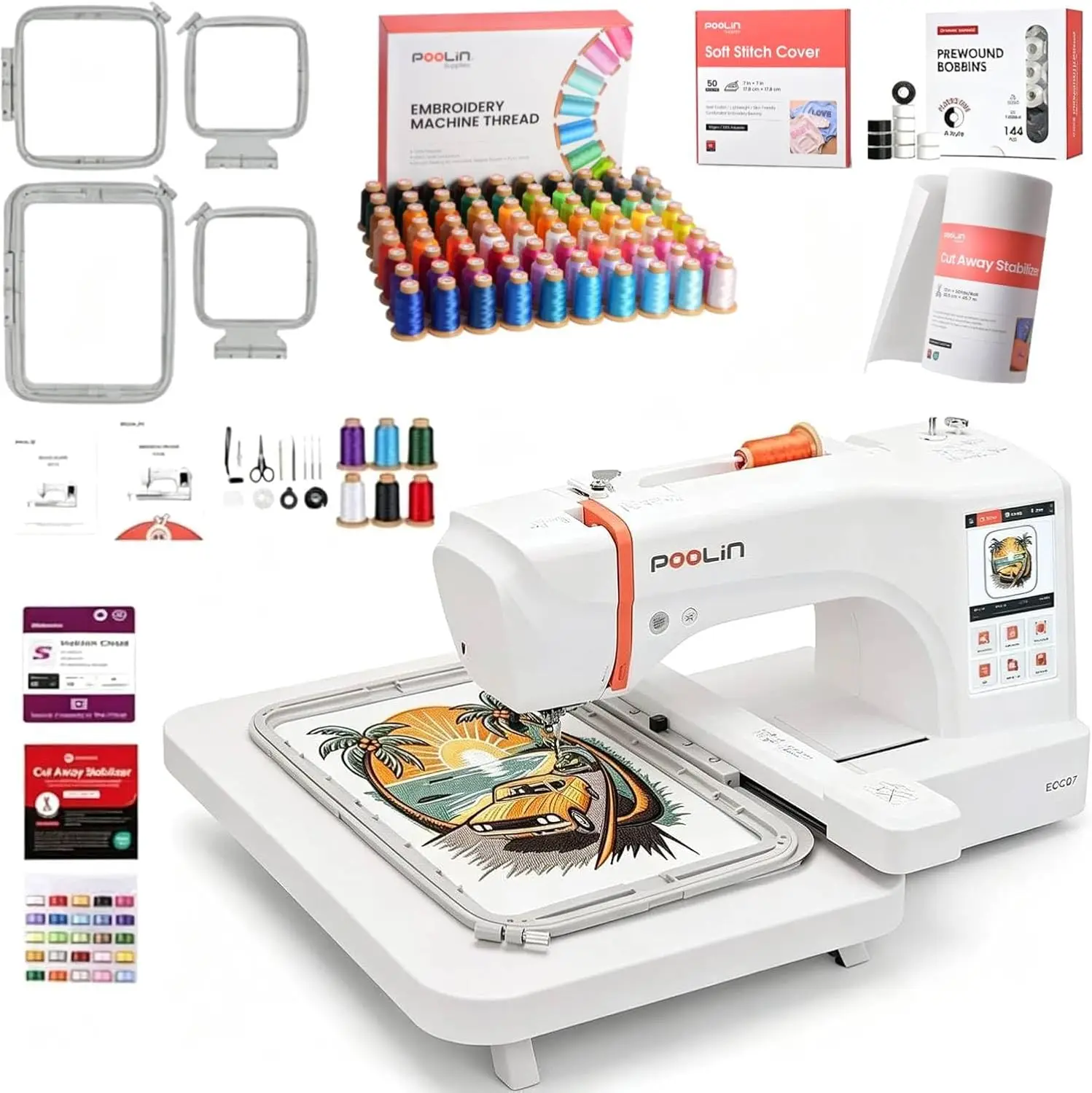 Poolin EOC07-7.9x15 Inches Area +80 Colors Embroidery Threads+144pcs Prewound Bobbins+12‘’x50'' Yards Cut Away Stabilizer+50 pcs Soft Stich Cover for Embroidery Small Business