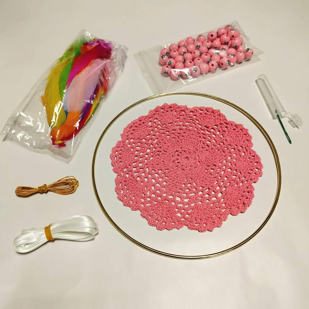 Pink Dream Catcher Making Kit Set For Girls Kids With Materials Include Cotton Doily Beads Feathers Thread Ribbon Needle Hoop