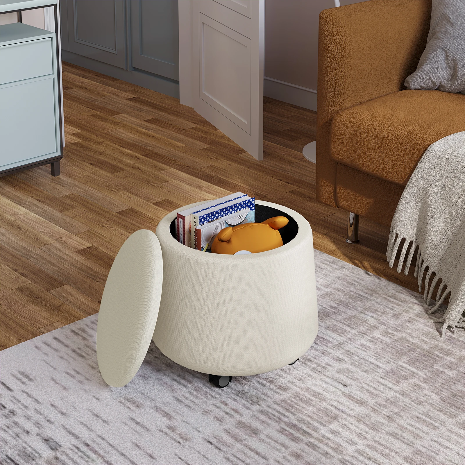 Ottoman Storage Round Pouf Stool with Wheels Removable Lid Padded Seat Footstool for Living Room Bedroom