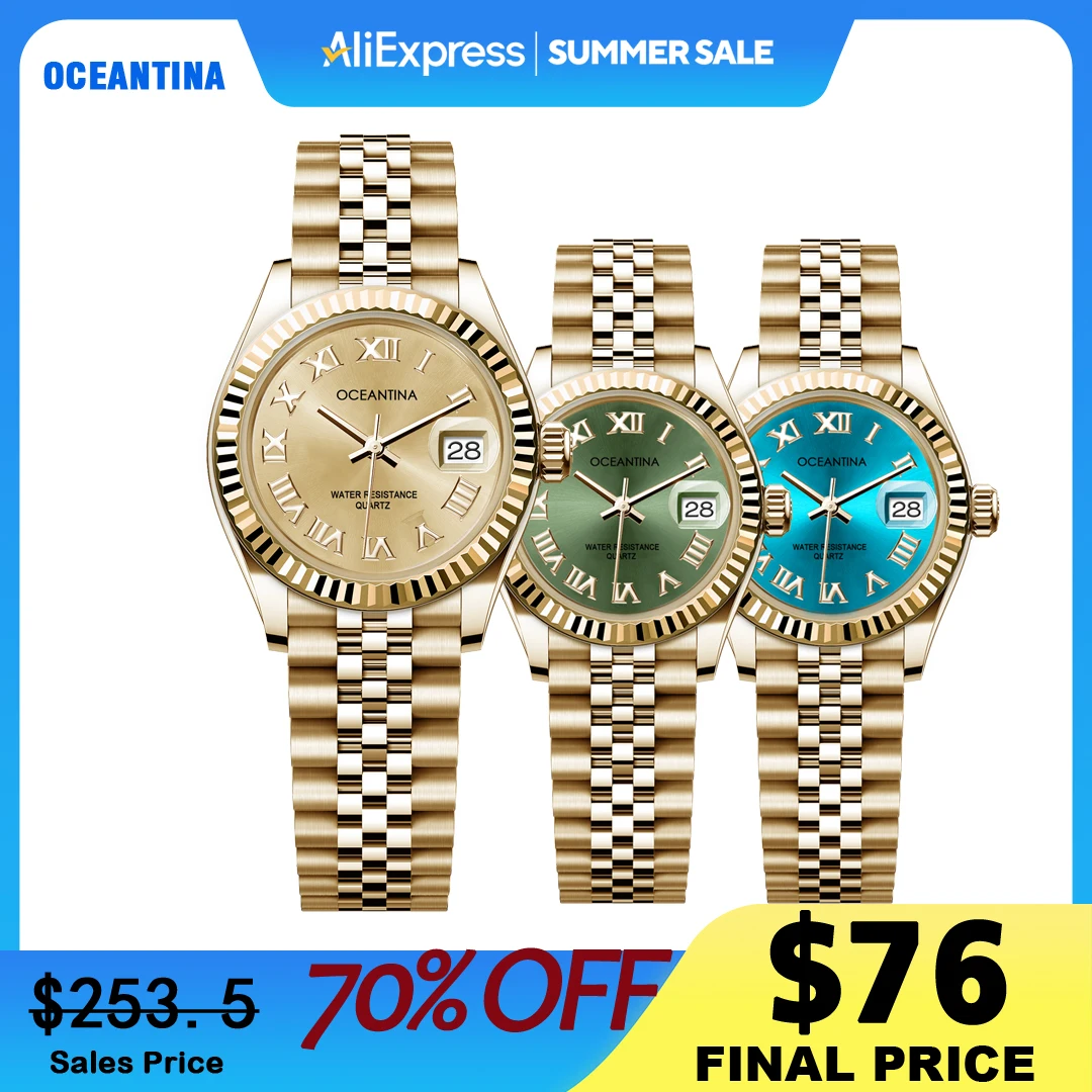 

Oceantina Qaurtz Наручные часы Элитный бренд Женские часы Godinniki Date Window PVD Золотые часы для женщин