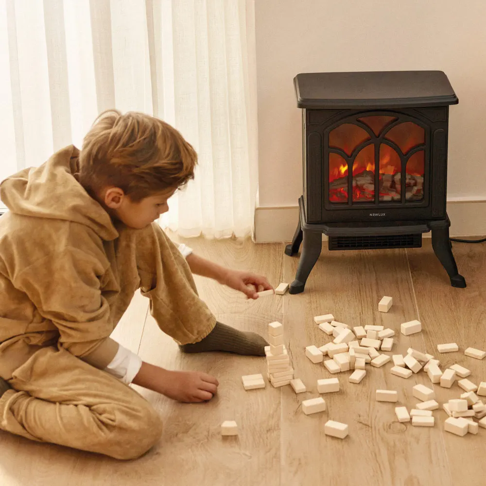 NEWTECK Chimenea Eléctrica Classic Flame con luz LED y Sist. Termo-cerámico PTC, 2 Niveles, Sensor Sobrecalentamiento. 750/1500W