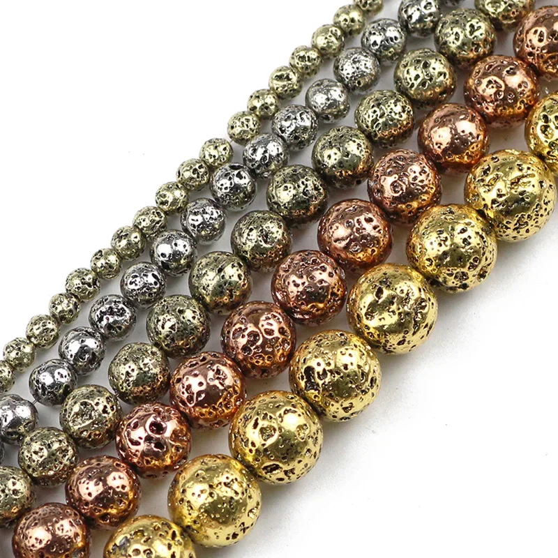 JHNBY Bronze vergoldet Silber Farbe Natürlicher Lavastein Hämatit 4/6/8/10/12MM Runde lose Perlen für Schmuck Armbandherstellung DIY