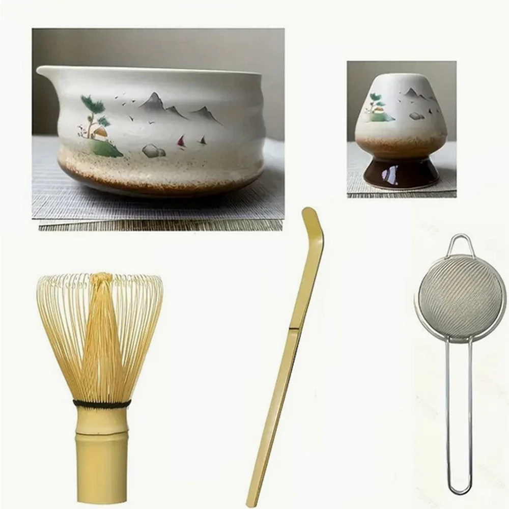 5-teiliges handgefertigtes Matcha-Tee-Set für Zuhause, leicht zu reinigen, mit Ständer, Schale, Besen, Löffel, Geschenkset, traditionelles japanisches Teezeremonie-Zubehör