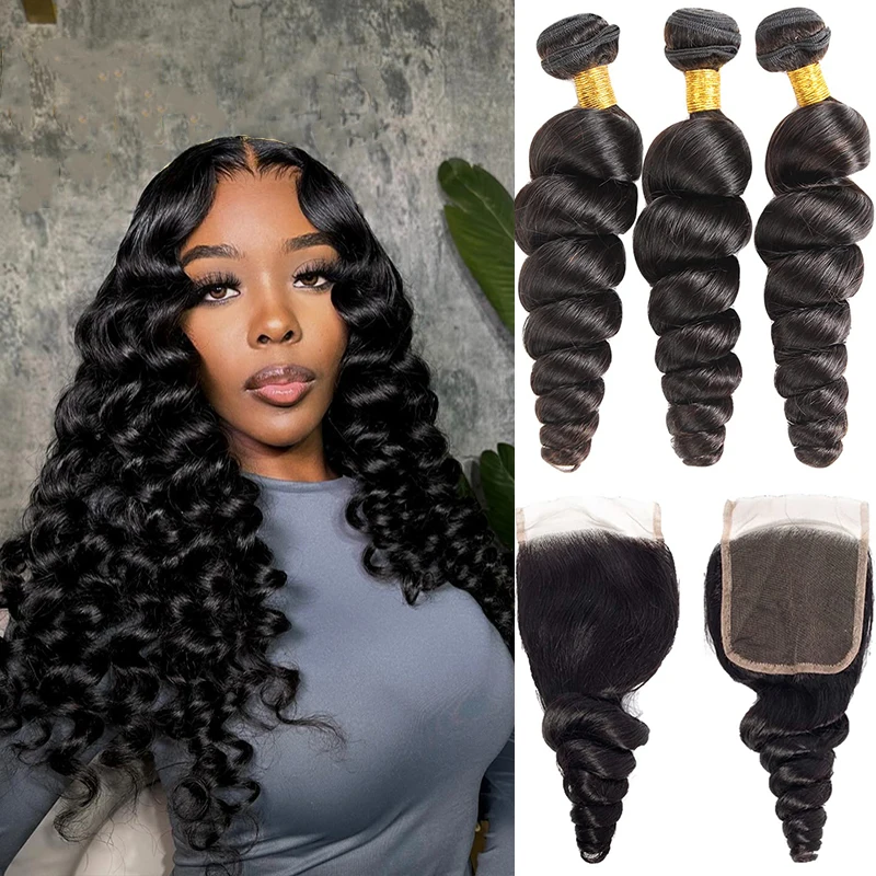Loose Wave Human Hair Bundles With Closure 4x4 Transparent Lace 1B Color Wet Wavy Virgin Human Hair Extensions For Black Women