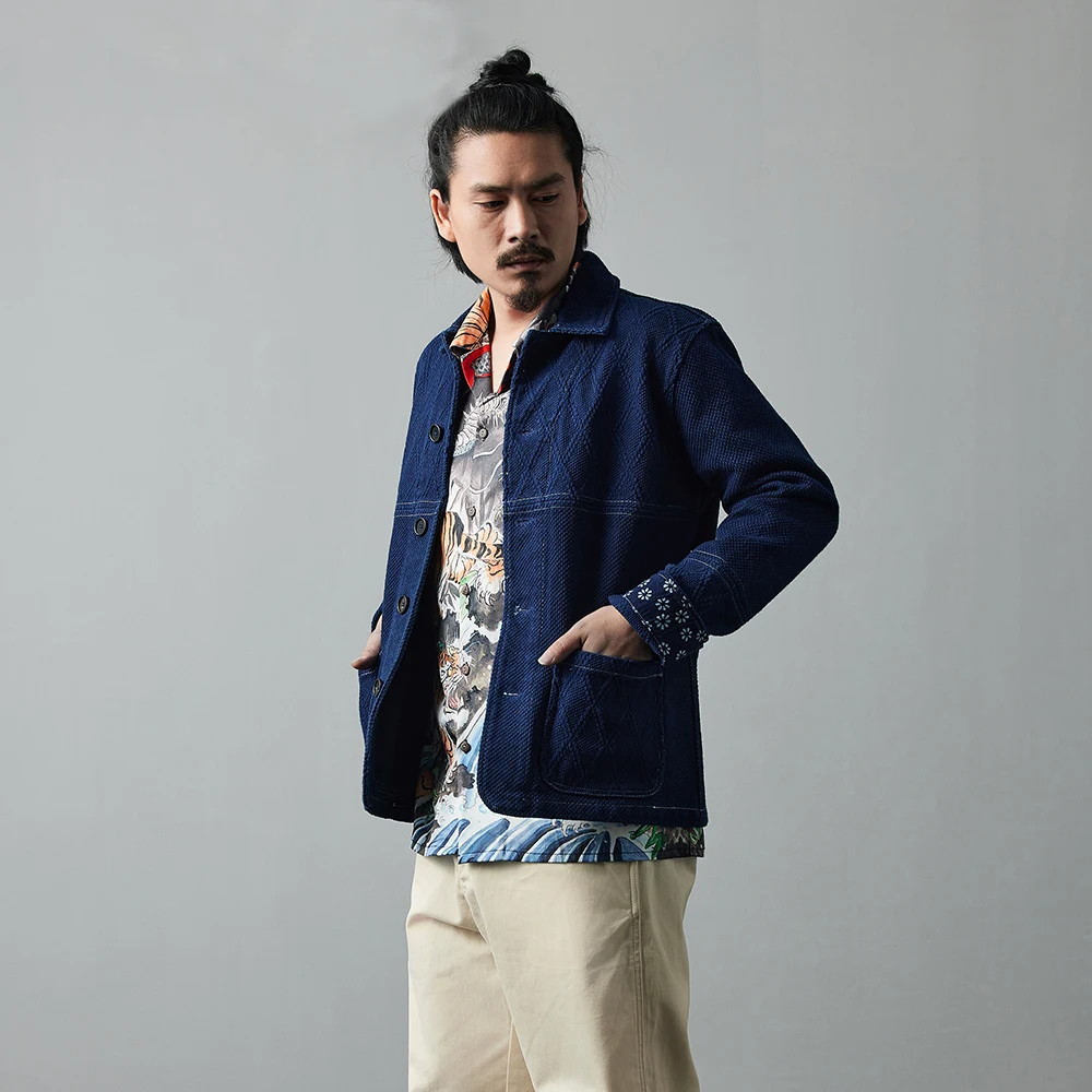 

Men's Japanese Vintage Sashiko Workwear Jacket – Hand-Dyed Indigo Cotton Coat Blue Causal French Coat