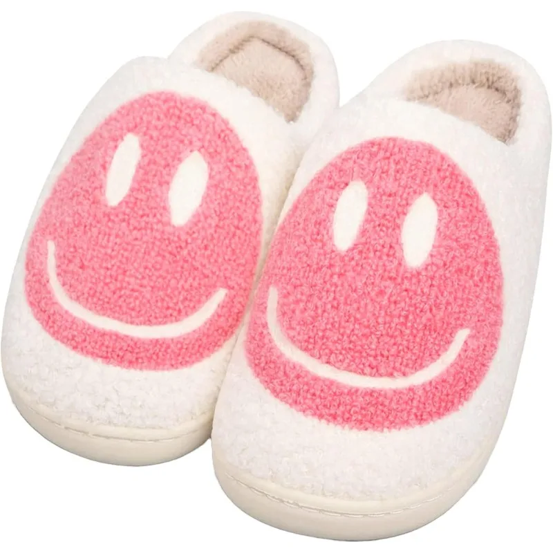 

Smile Face Slippers for Women and Men, Retro Comfy Warm Soft Fuzzy Plush Slip-On House Shoes Funny Cute Happy Smile Home Winter