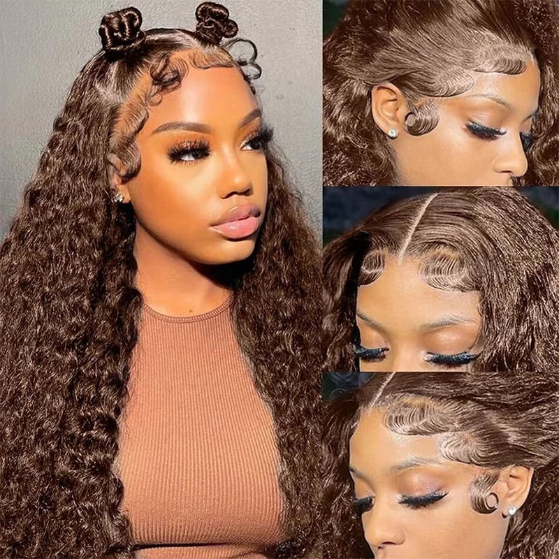 Deep Wave 100% Human Hair 13x6 Lace Frontal Wig 32 Inch Chocolate Brown 13x4 Lace Front Human Hair Wigs Water Wave #4 Brazilian