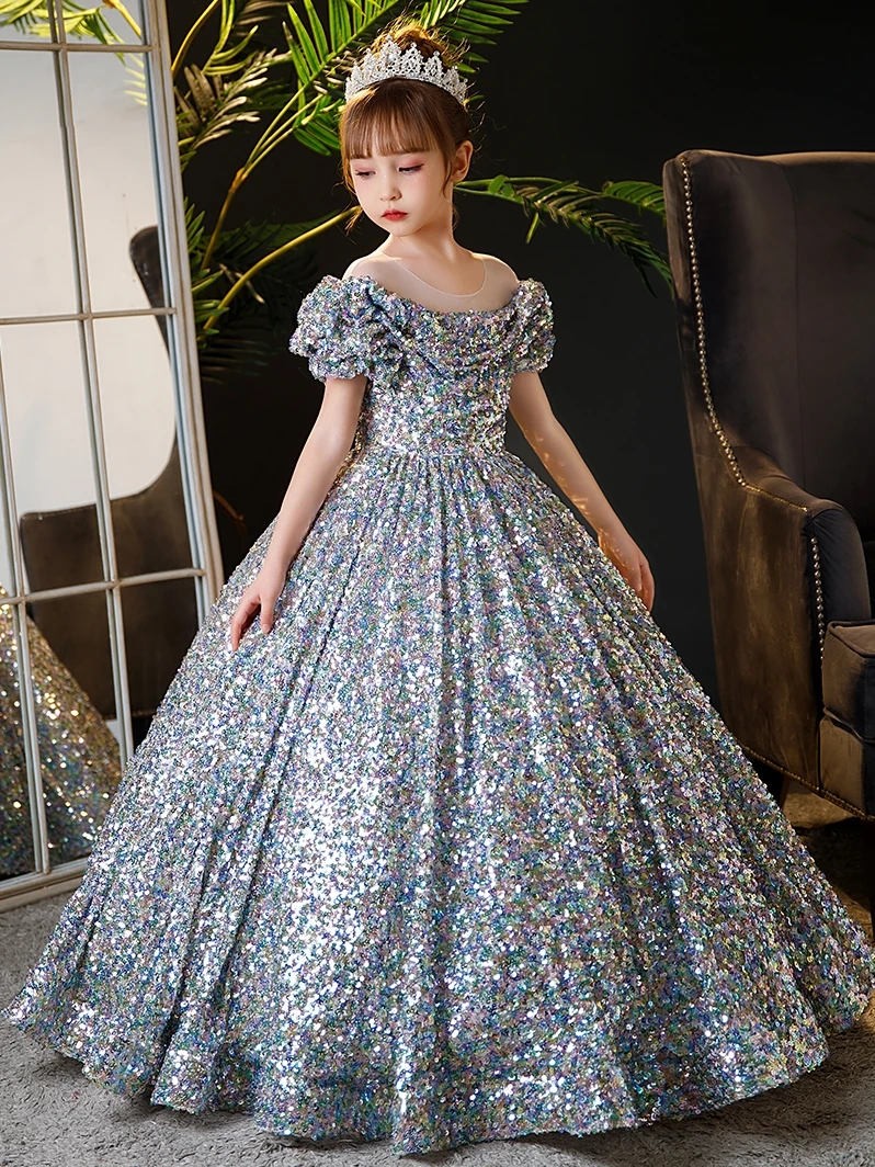 Girls dress with sequins and long skirt, children's princess dress, gorgeous birthday party dinner dress, dinner dress