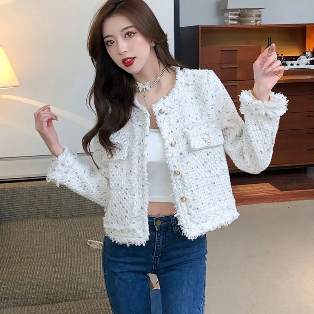 Korean Tassels O-Neck Polka Dot Jacket For Ladies Temperament Sweet Tweed Coat Women Single Breasted Fashion Short Tops Female