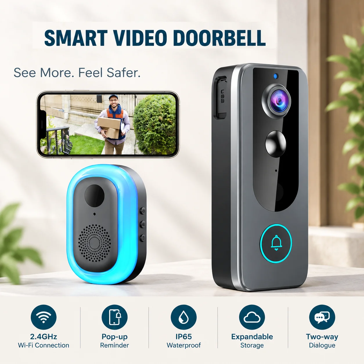 Wireless Tuya Doorbell Camera 4000mAh Rechargeable Battery IP65 Two-Way Talk Night Vision Motion Alert Snapshot Cloud Storage