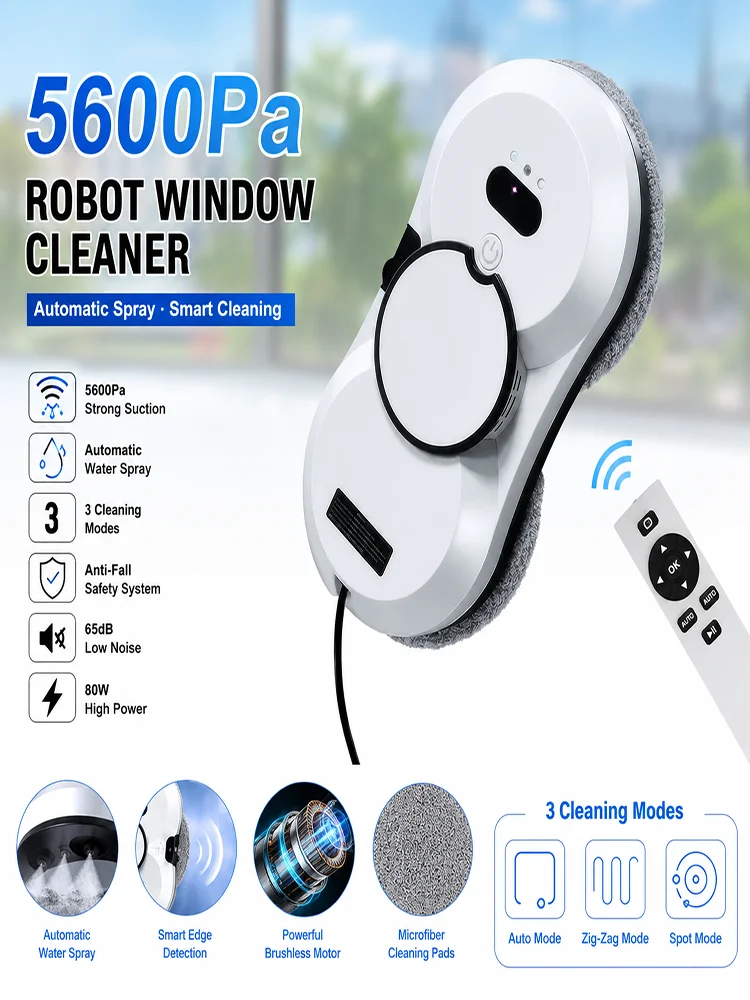 Fensterreinigungsroboter 5600Pa Saugkraft Elektrischer Sprüh-Glasreiniger Ultradünn 68mm 3 Modi Fernbedienung Fensterreinigungsroboter