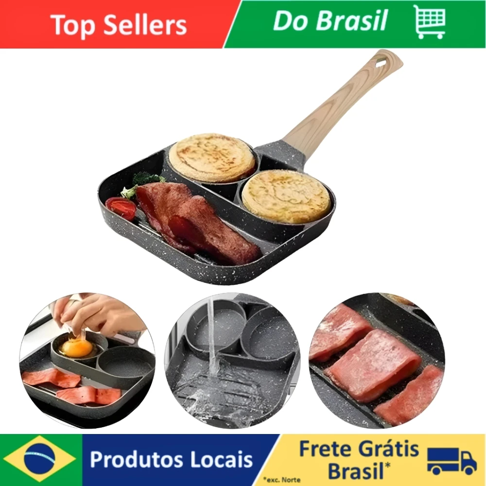 Frigideira Antiaderente Com 3 Divisórias Fritar Ovo Bacon Carne Frango Lanche Multiuso.