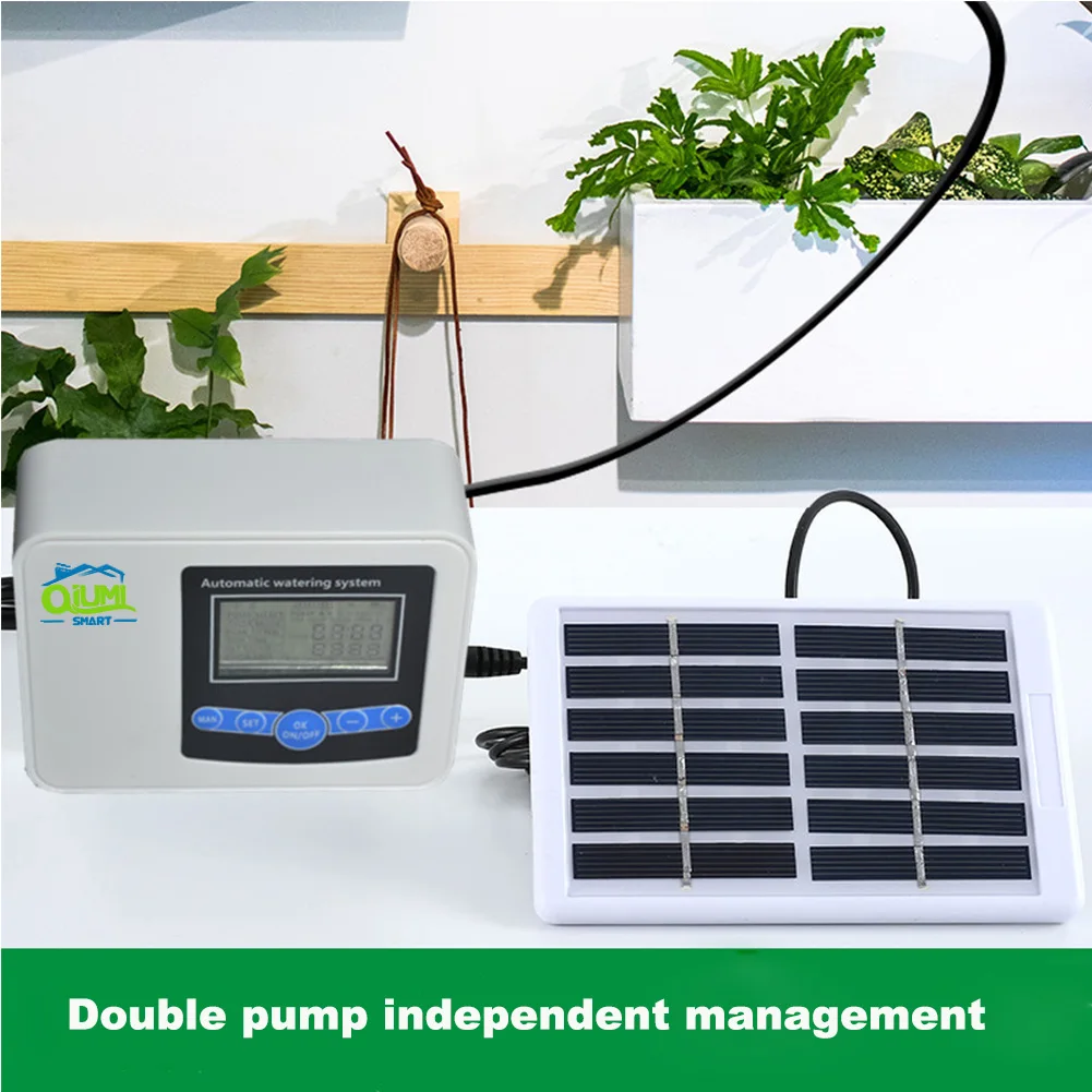 Qiumi Automatic Garden Water Controller,Smart Irrigation for Home Garden Solar Power (Dual Pumps)