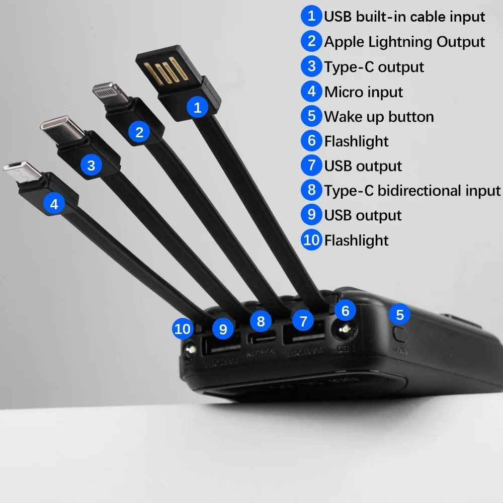 Eingebaute Kabel-Powerbank mit Digitalanzeige, großer Kapazität, tragbare Powerbank für den Außenbereich, Notfall-Powerbank für Mobiltelefone