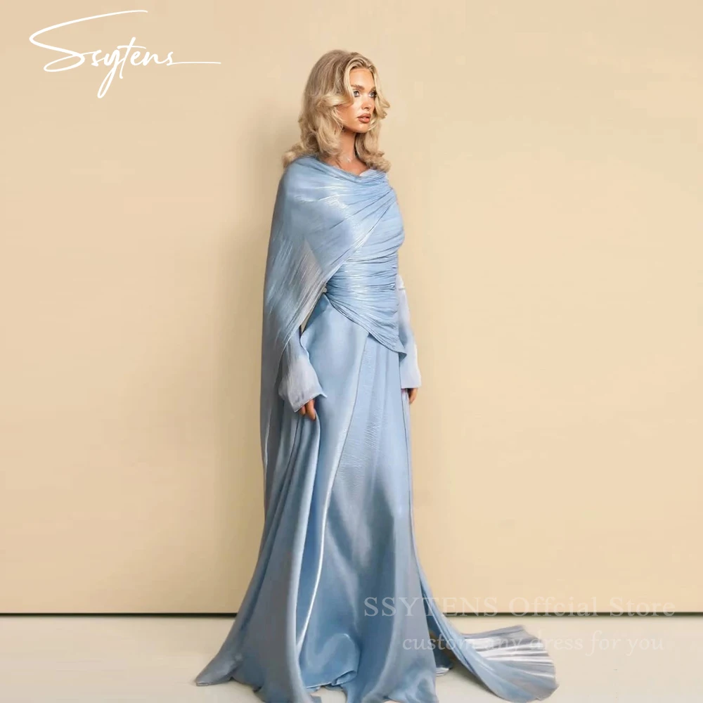 SSYTENS Elegant Sky Blue Long Wedding Evening Dresses A-Line Formal Prom Dresses Cape Sleeve Luxury Dubai Prom Gowns Customized