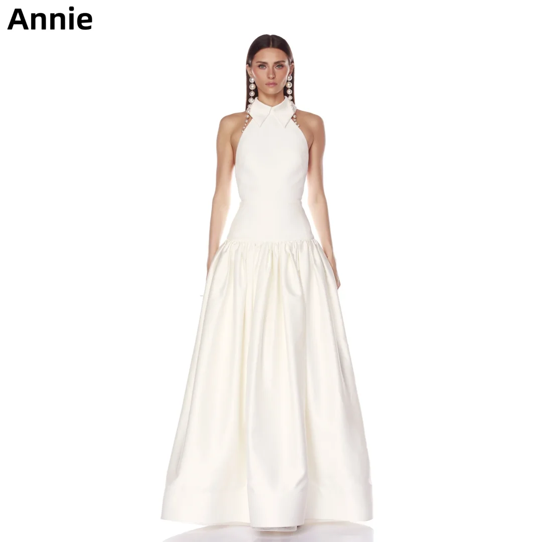 

Annie Halter Neck With Exposed Back Prom Dresses White A-shaped Evening Dresses Elegant Lady Party Dresses فساتين سهرة