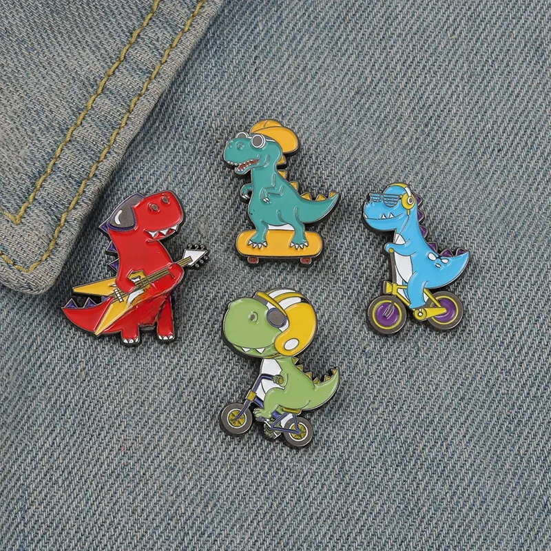 AliExpress UK Cartoon Dinosaur Playing Skateboard Bike Guitar Shape Enamel Pins Cute Animal Brooches Women Men