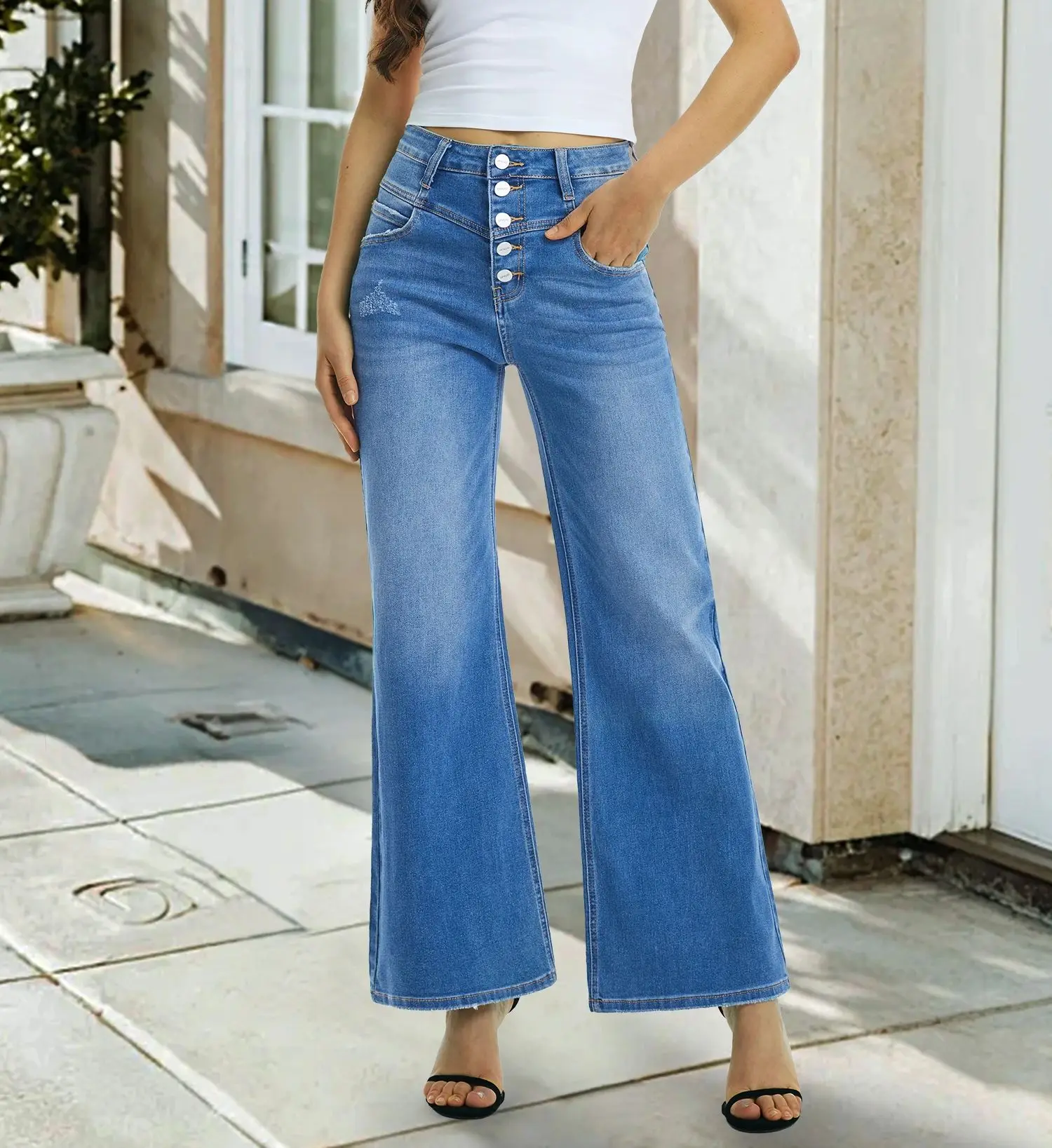 

Womens Flare Jeans Button Fly High Waisted Wide Leg Jean Stretch Baggy Trouser for Women 90s Boyfriend Denim Pants