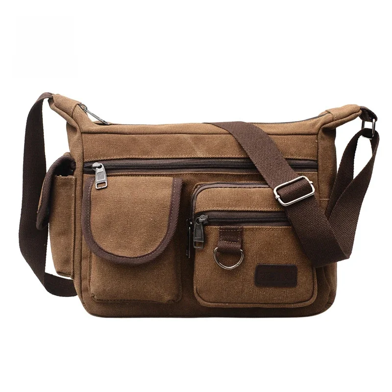 Płótno saszetka na ramię dla mężczyzn jednolite kolory Messenger torby mocne torby materiałowe Vintage Style Crossbody torby 2020 z wieloma kieszeniami — zdjęcie 2