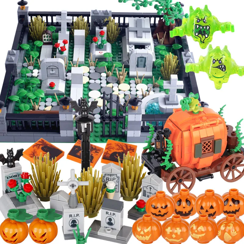 MOC Ghost Head Building Blocks Halloween Green Evil Spirits Pumpkin Carriage Accessories Bricks Toys Boys Gift