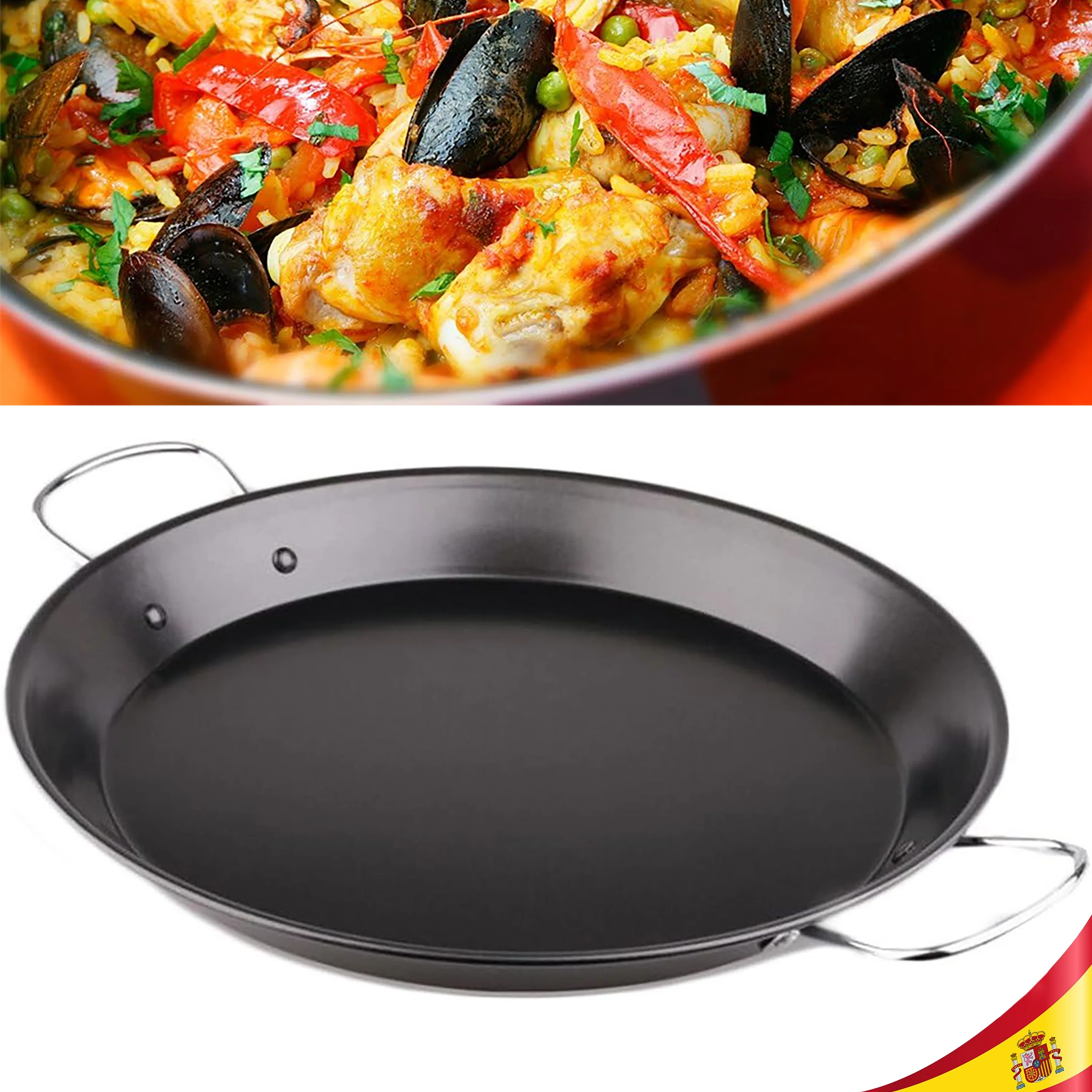 Paellera de acero Paella antiadherente con asas de acero inoxidable, apta para inducción, gas, vitrocerámica, horno y leña, disponible en tamaños de 32cm 36cm 40cm 46cm