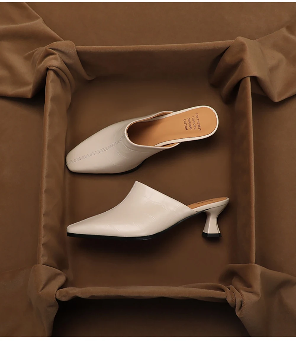 

Женские летние кожаные мюли SHOEBOX на среднем каблуке, универсальные, в французском стиле, для повседневной носки