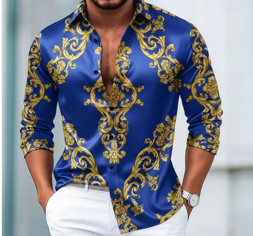 Kemeja satin pria motif bunga barok retro untuk liburan, pemakaian sehari-hari, musim semi, musim panas, musim gugur, kerah lapel, kemeja kancing cetak 3D