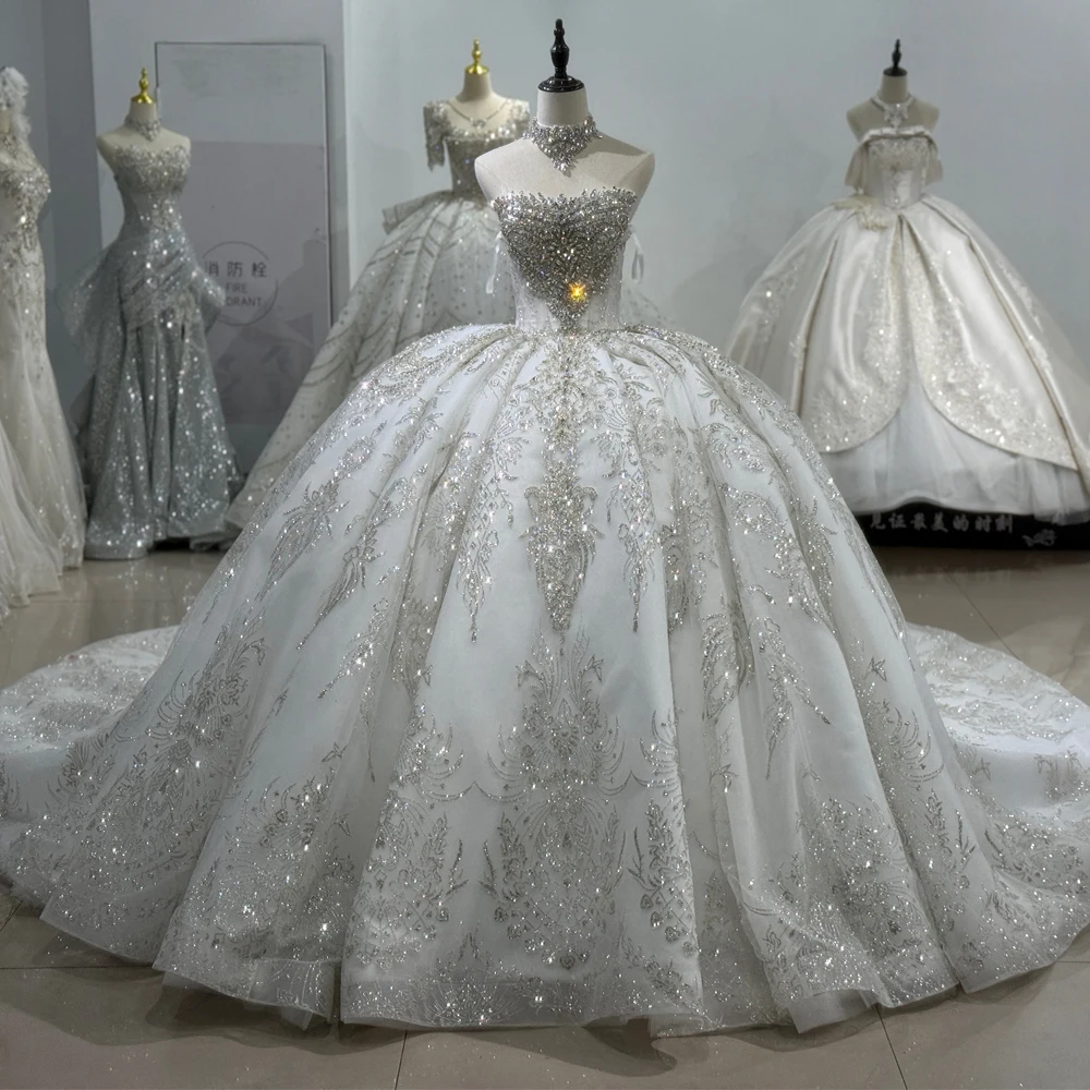 Crystal Bridal Wedding Dress With Detachable Long Sleeves Lace Up Back Ball Gown Vestido De Noiva