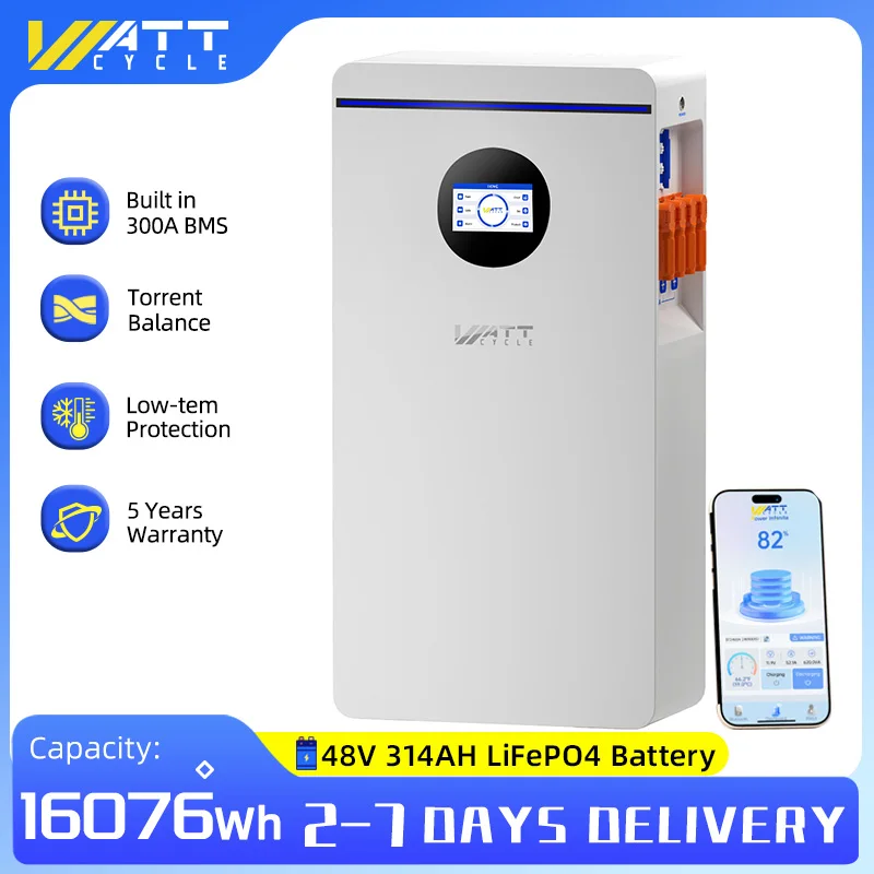 Wattcycle 48V 314Ah LiFePO4 Lithium-Batterie, 16kWh Wandmontierte Deep-Cycle-Solarbatterie, 15000+ Zyklen, eingebautes 200A BMS mit CAN RS485, wartungsfrei für Heimspeicher-Off-Grid-Solarsysteme, 5