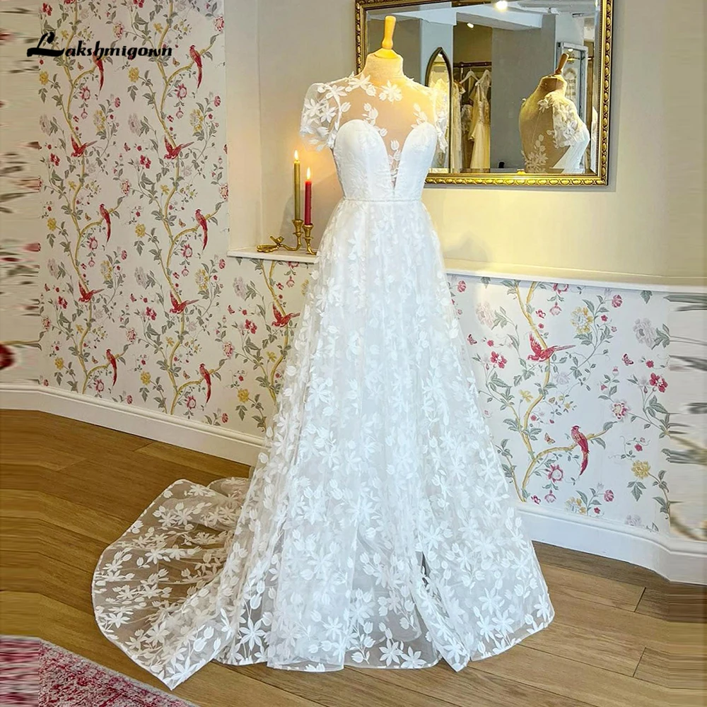 Robe De mariée trapèze en dentelle, élégante, col rond, manches courtes bouffantes, style Boho, 2023