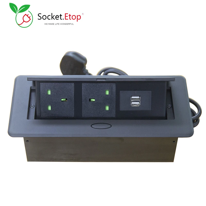 Black Damping Pop Up Outlet Office Desktop Socket With Double USB Charging Port For Home Furniture 1.5M 3 Pin UK Plug Cord Cable