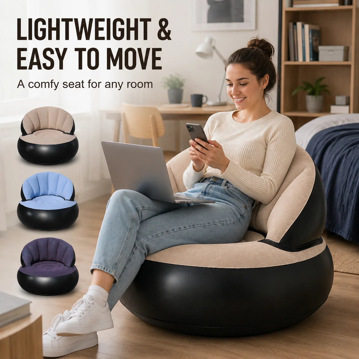 Inflatable Sofa Chair, Flocking Air Lounge Couch Bean Bag Sofa Bed, Portable Lazy Chair for Home Bedroom Living Room Camping - view 3