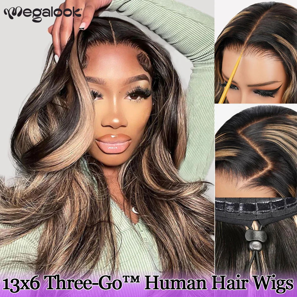 Megalook 13x6 Balayage Highlight Glueless Human Hair Wigs Body Wave With Drawstring Pre Plucked Bleached Knots Pre Cut Lace Wig