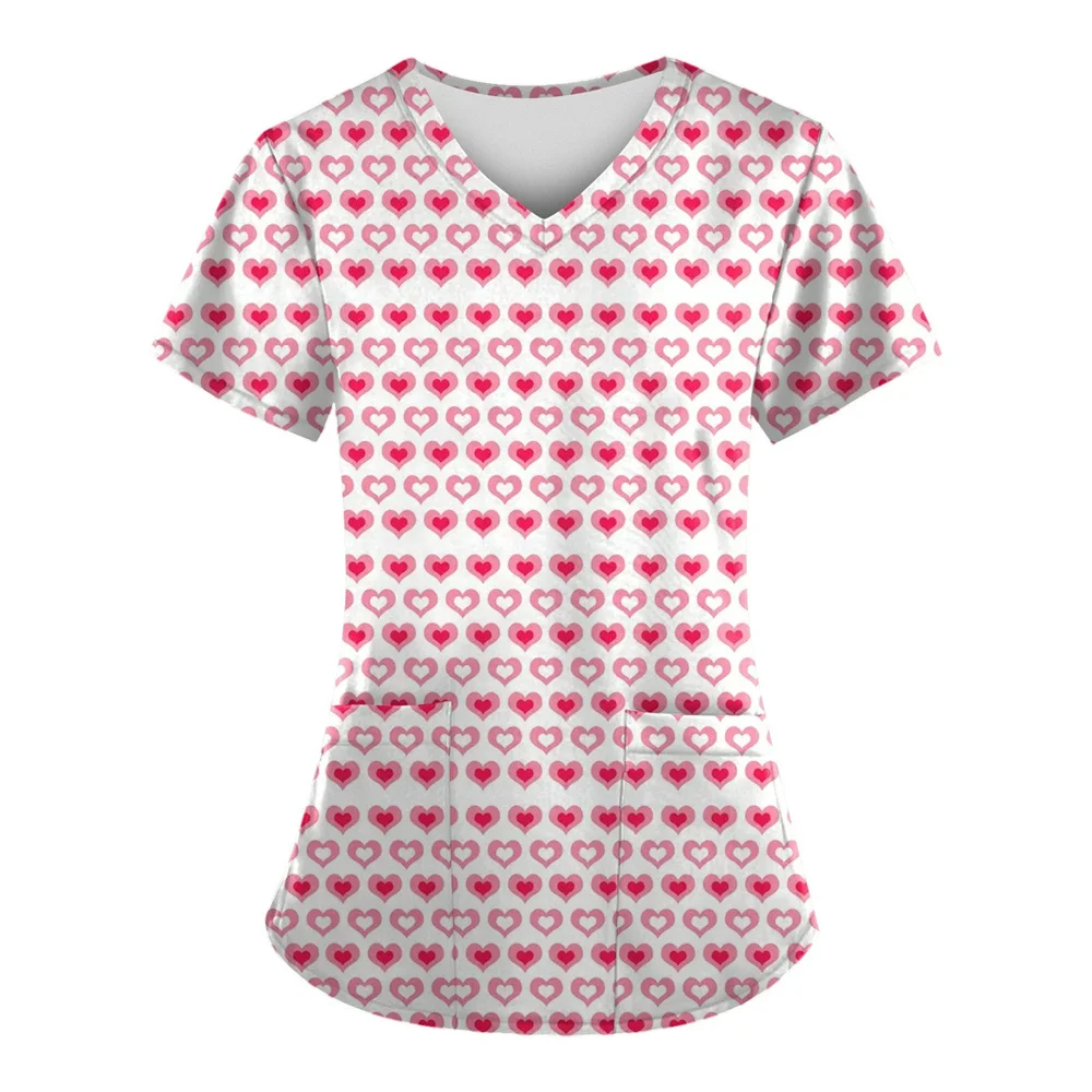 Tops Women Scrub Nurse Print Short Sleeve Cartoon V-Neck Tops Working T-Shirts Heart Print Healthcare Tunic Carers Workwear Tops