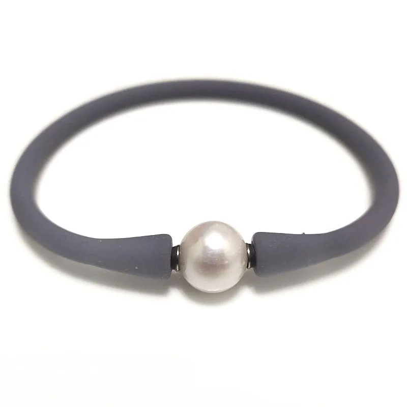 7 inches 10-11mm Natural Round Pearl Silver Gray Rubber Silicone Bracelet