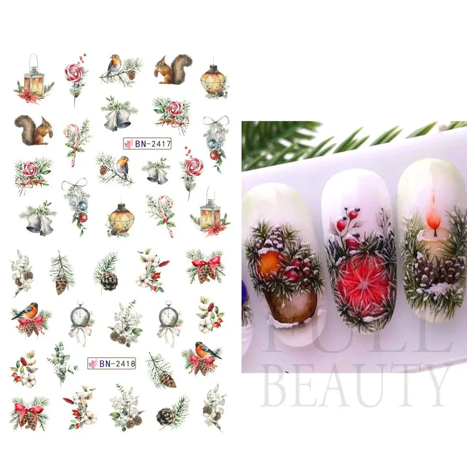 Christams Gingerbread Nails Stickers Xmas Bells Holly Water Sliders Sweet Coffee Cake Design Winter Decals Manicure BN2413-2424