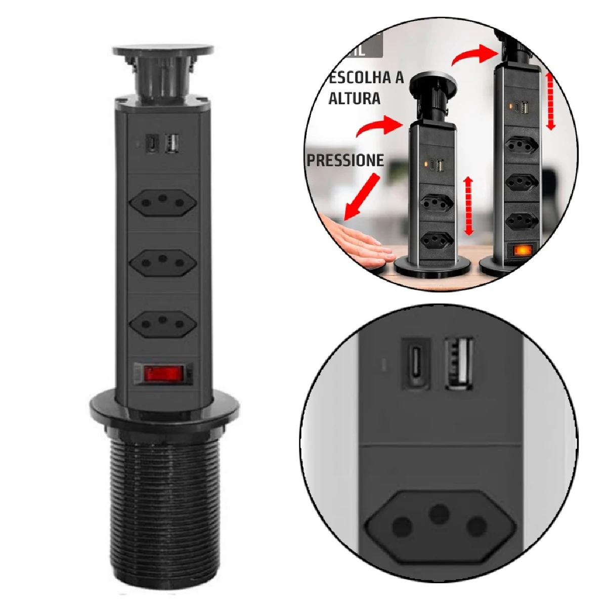 برج قابس متعدد قابل لسحبه للكونترتوب ، طاولة كونترتوب ، USB من النوع C ، تضمين ، 3 مآخذ ، من من من من من من نوع USB #2