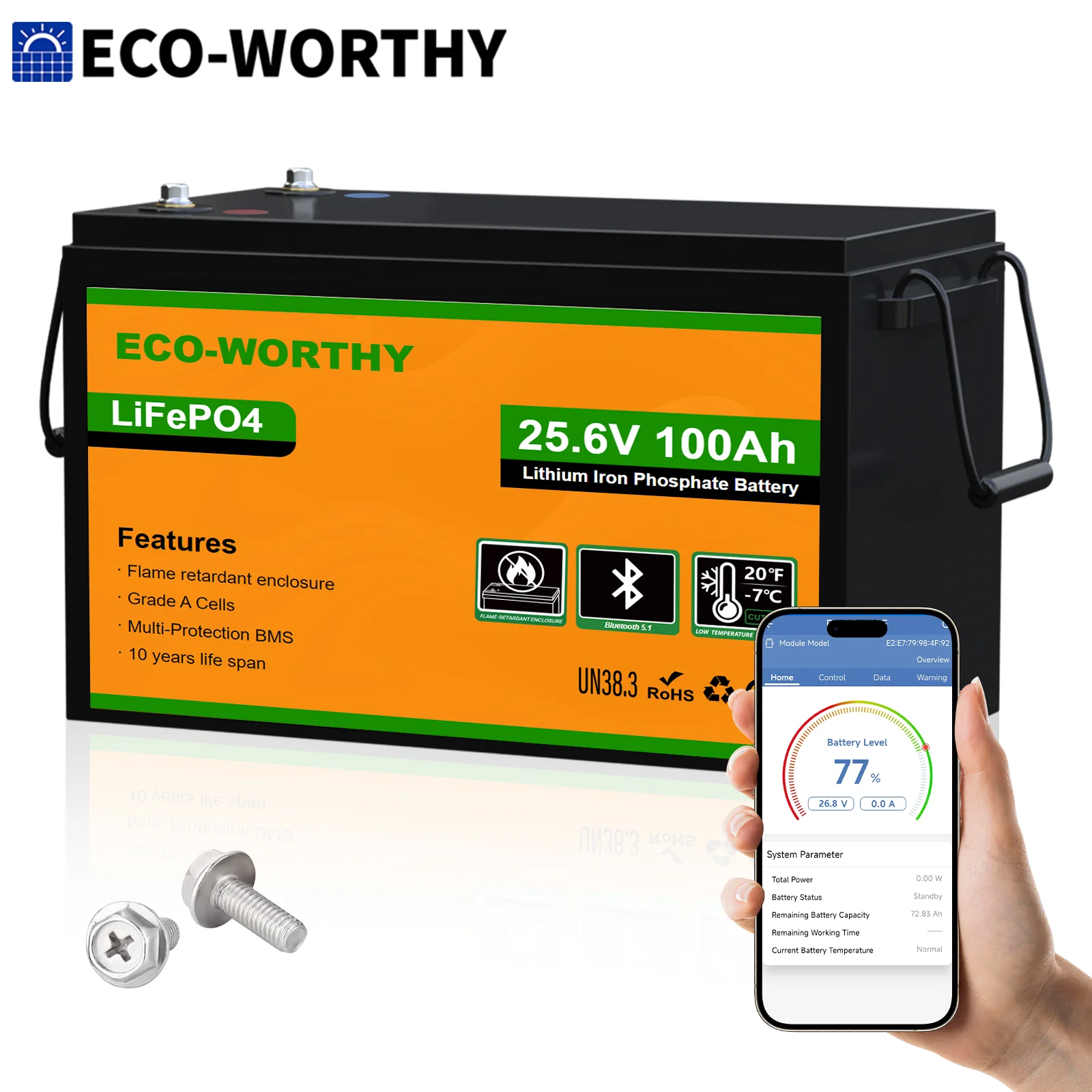 Eco-Worthy ECO-WORTHY 24V 100Ah Metal Case LiFePO4 Lithium Battery with BT 5.1 with Low-Tem Protection, Max. 2560W for Off-Grid