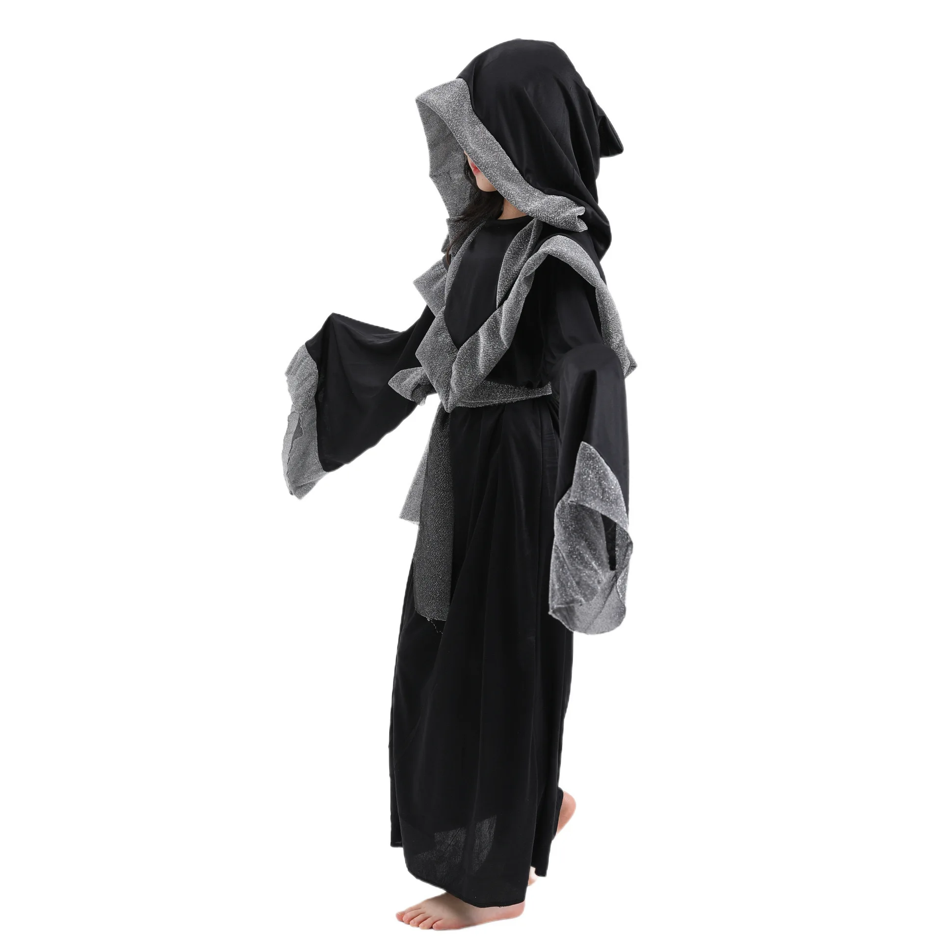 Black Wizard Girl Costume Sorceress Cloak Medieval Dark Mystic Dark Sorcerer Robe Halloween Costume for Child Role Play