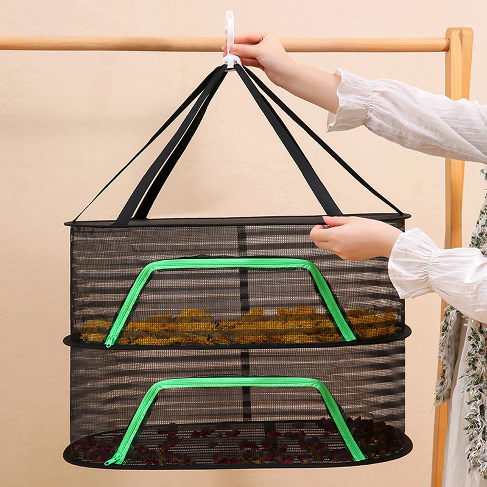 Garden Folding Drying Net Fish Drying Net Large Capacity with Hanging Hook Easy Carrying for Tea Fruits Dried Fish Tableware