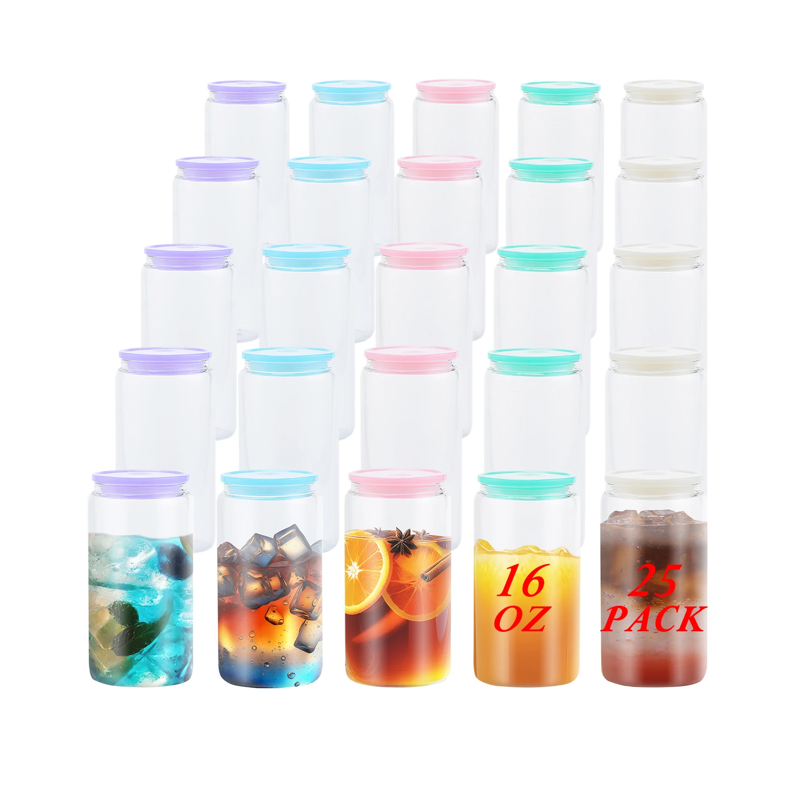 US IN STOCK,25pcs 16oz sublimation glass tumblers,sublimation blank clear cans,colored plastic lid,colors clear jars for travel