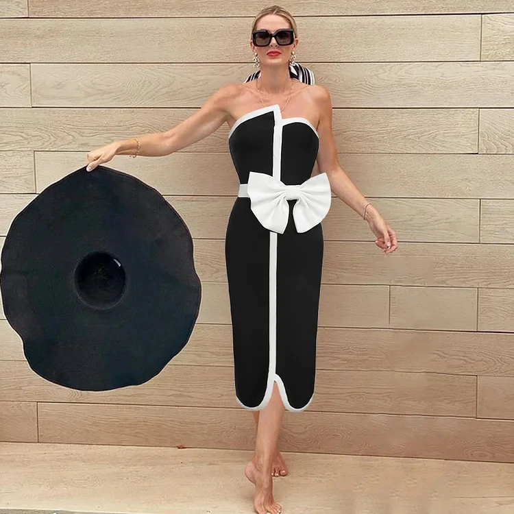 2024 Vintage Black Off Shoulder Bow Tie One Piece Swimsuit and Skirt Swimwear Set Women  Vacation Beachwear Luxury Bathing Suit