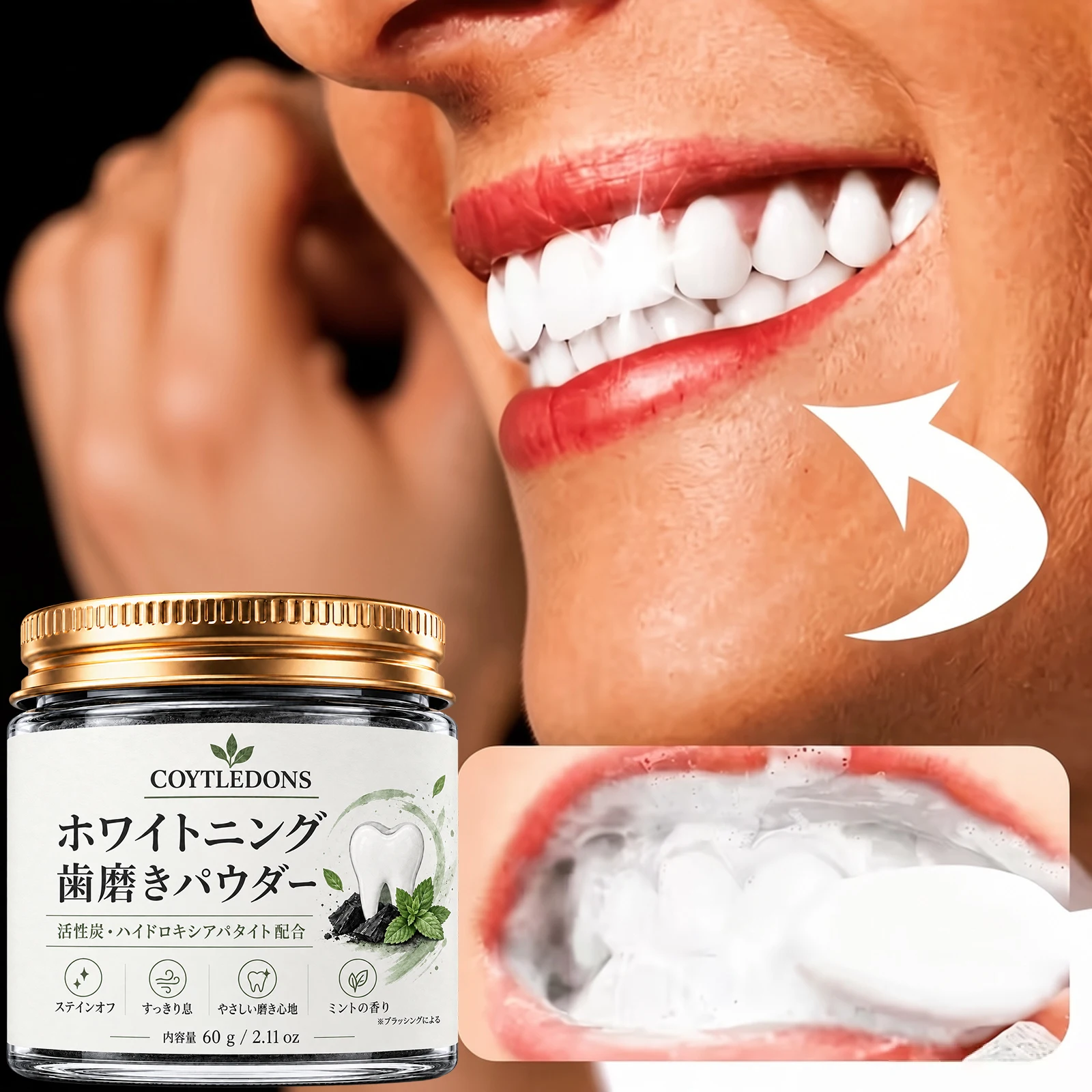 60g Activated Charcoal & Hydroxyapatite Tooth Powder Mint Flavor Deep Clean Teeth Stain Removal Fresh Breath Oral Care