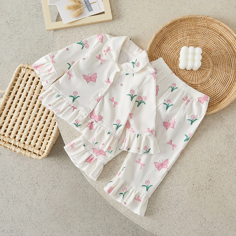 

Suefunskry Baby Girl 2Pcs Pajama Set Strawberry/Butterfly Print Long Sleeve Tops + Pants Set Toddler Loungewear Sleepwear